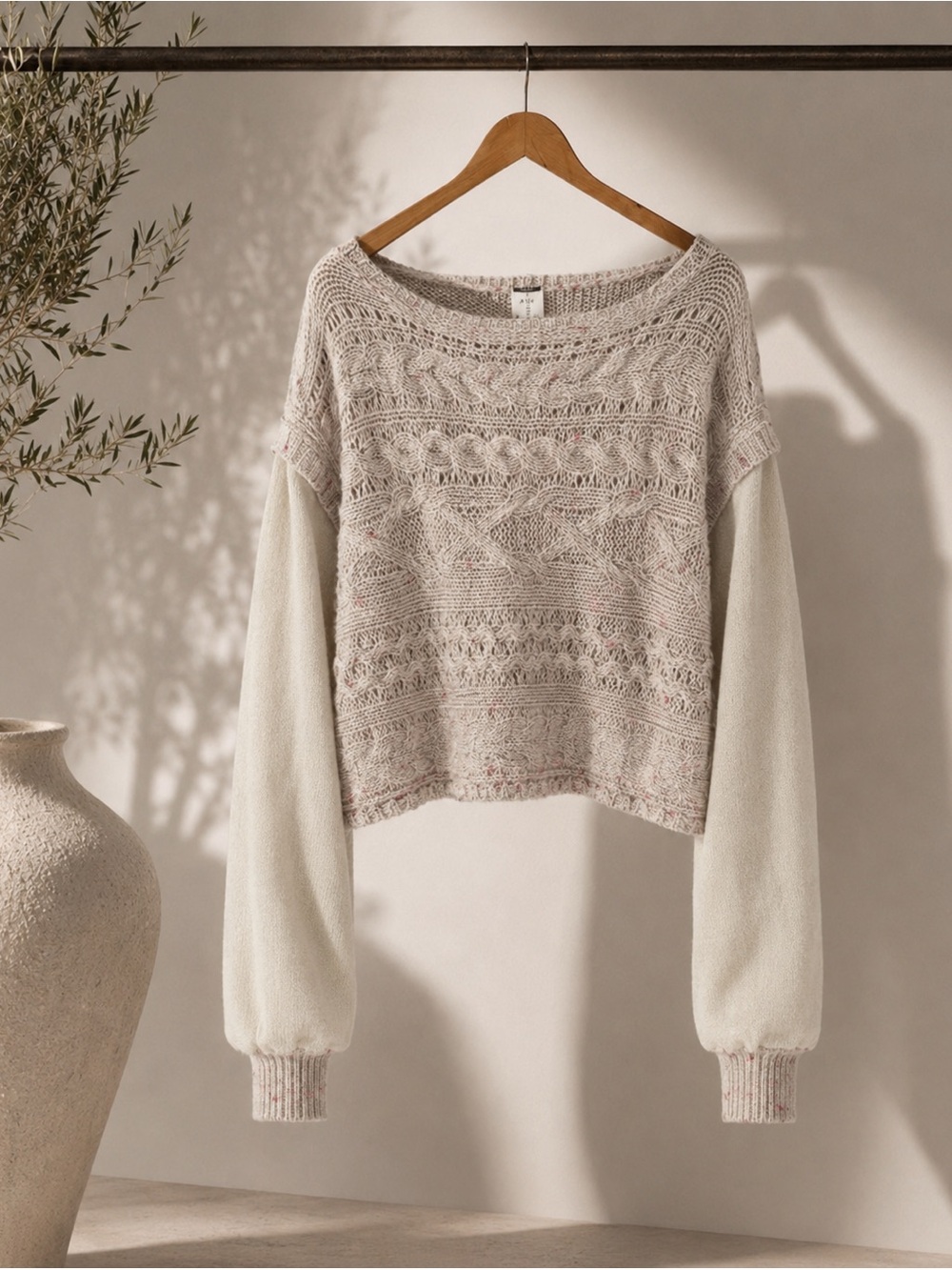 Free People Honey Cable Pullover Sweater Shell White gray Combo